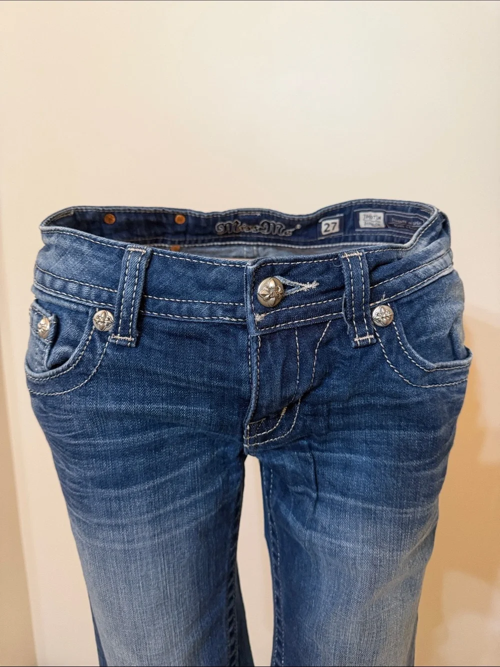Miss Me Medium Long Denim Shorts with Canvas and Rhinestones Size 27 NWOT